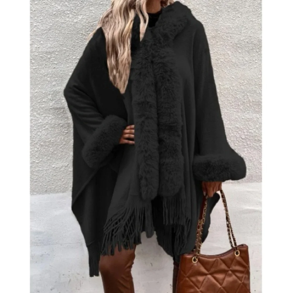 Cozy vegan fur dolman sleeve tssel poncho shawl scarf wrap cardigan - Picture 10 of 16
